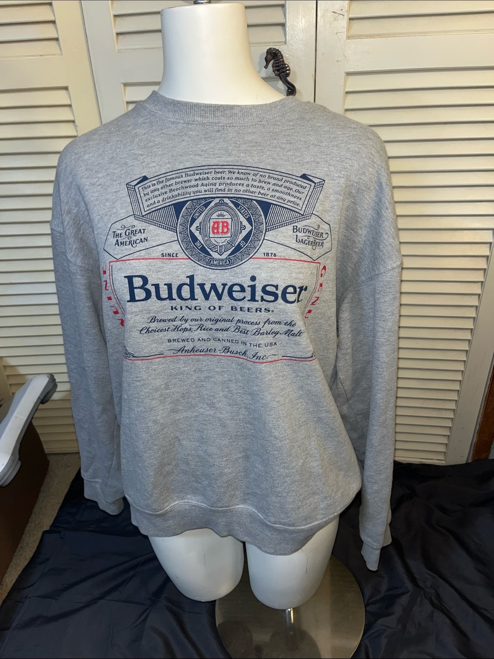 Budweiser Light Gray Crewneck Sweatshirt with Navy and Red Logo